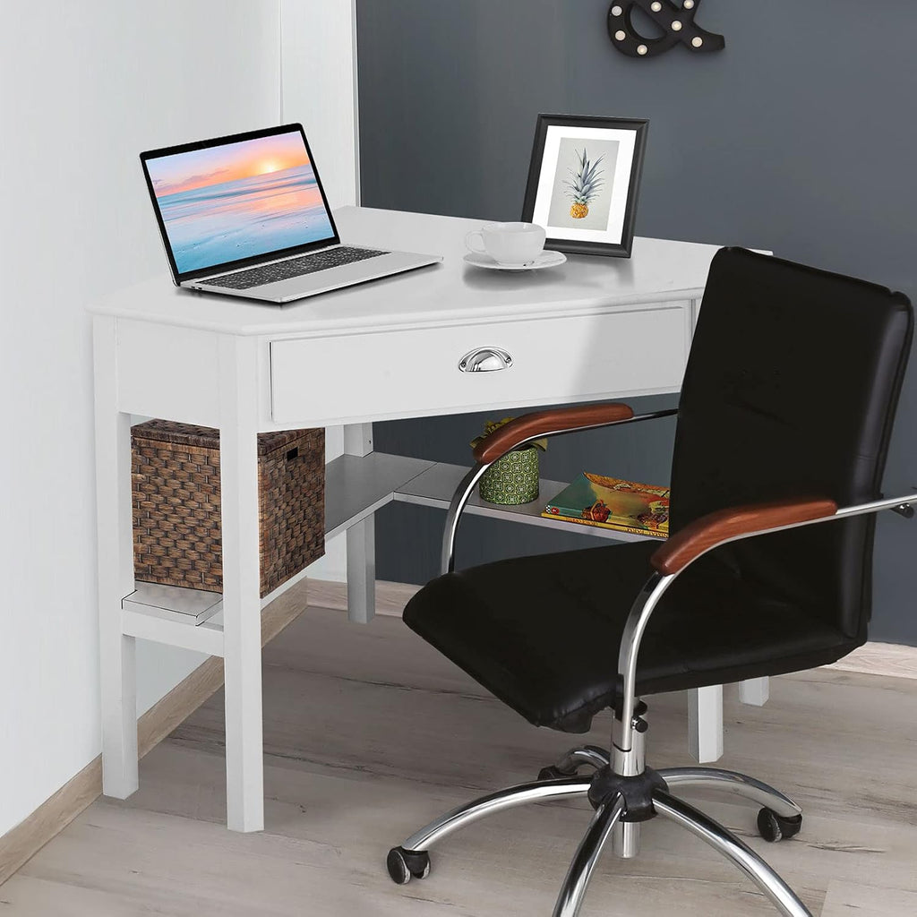Corner Computer Desk, Space-Saving Table With Drawer & Shelves, Home Office 90 Triangle Workstation, Modern Makeup Vanity, Small Desk for Small Spaces (White)