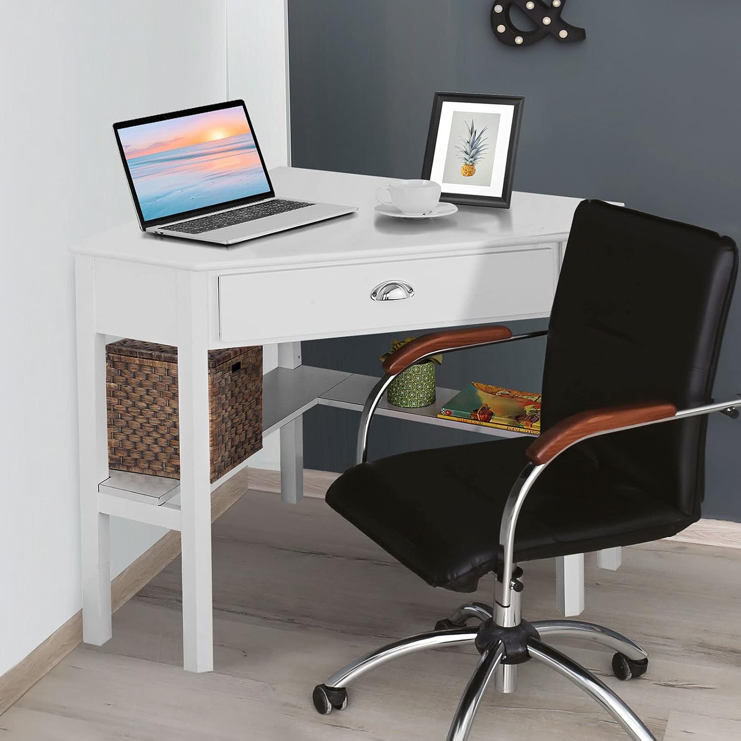 Corner Computer Desk, Space-Saving Table With Drawer & Shelves, Home Office 90 Triangle Workstation, Modern Makeup Vanity, Small Desk for Small Spaces (White)