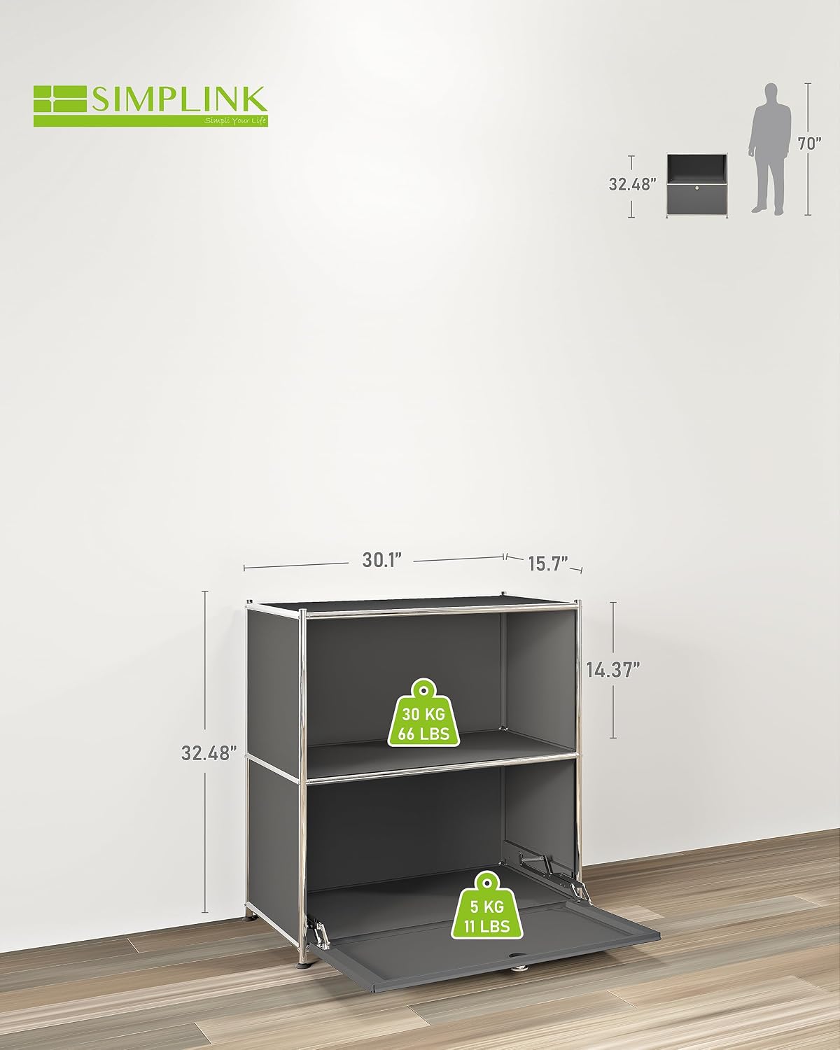 32.5-Inch Flip-Top Storage Cabinet with Detachable Wheels, Metal Side Table and Small Sideboard Cabinet for Living Room, Bedroom, Office, Orange