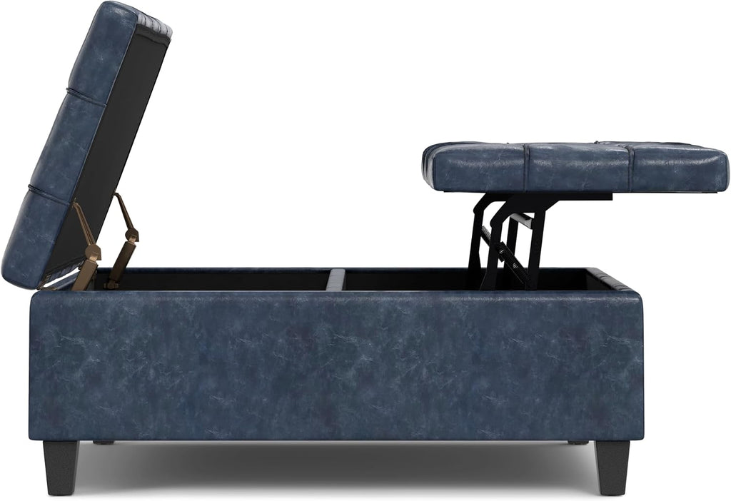SIMPLIHOME Harrison Large Coffee Table Storage Ottoman - 40 inch Wide Upholstered Vegan Leather Square Lift-Top Ottoman in Denim Blue, Transitional Bench for Living Room with Sturdy Base