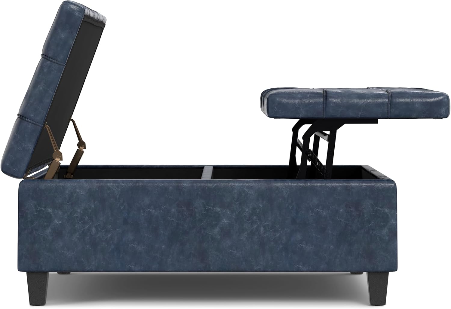 SIMPLIHOME Harrison Large Coffee Table Storage Ottoman - 40 inch Wide Upholstered Vegan Leather Square Lift-Top Ottoman in Denim Blue, Transitional Bench for Living Room with Sturdy Base