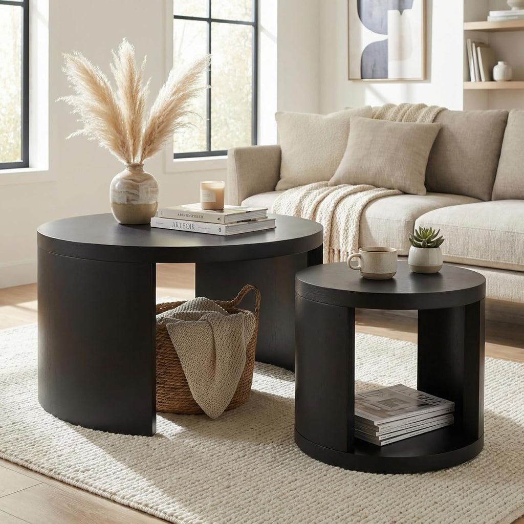 Round Coffee Table Set of 2, Nesting Coffee Tables with Storage, Living Room Table Set, Modern Wood Center Table for Living Room, Apartment, 31.5' & 18' Accent Table Set, Black