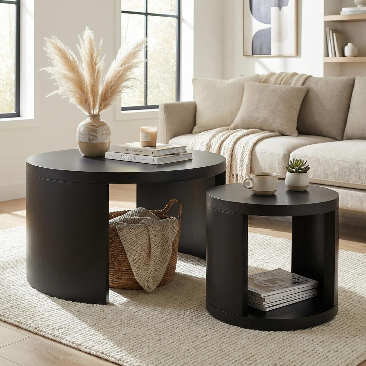 Round Coffee Table Set of 2, Nesting Coffee Tables with Storage, Living Room Table Set, Modern Wood Center Table for Living Room, Apartment, 31.5' & 18' Accent Table Set, Black