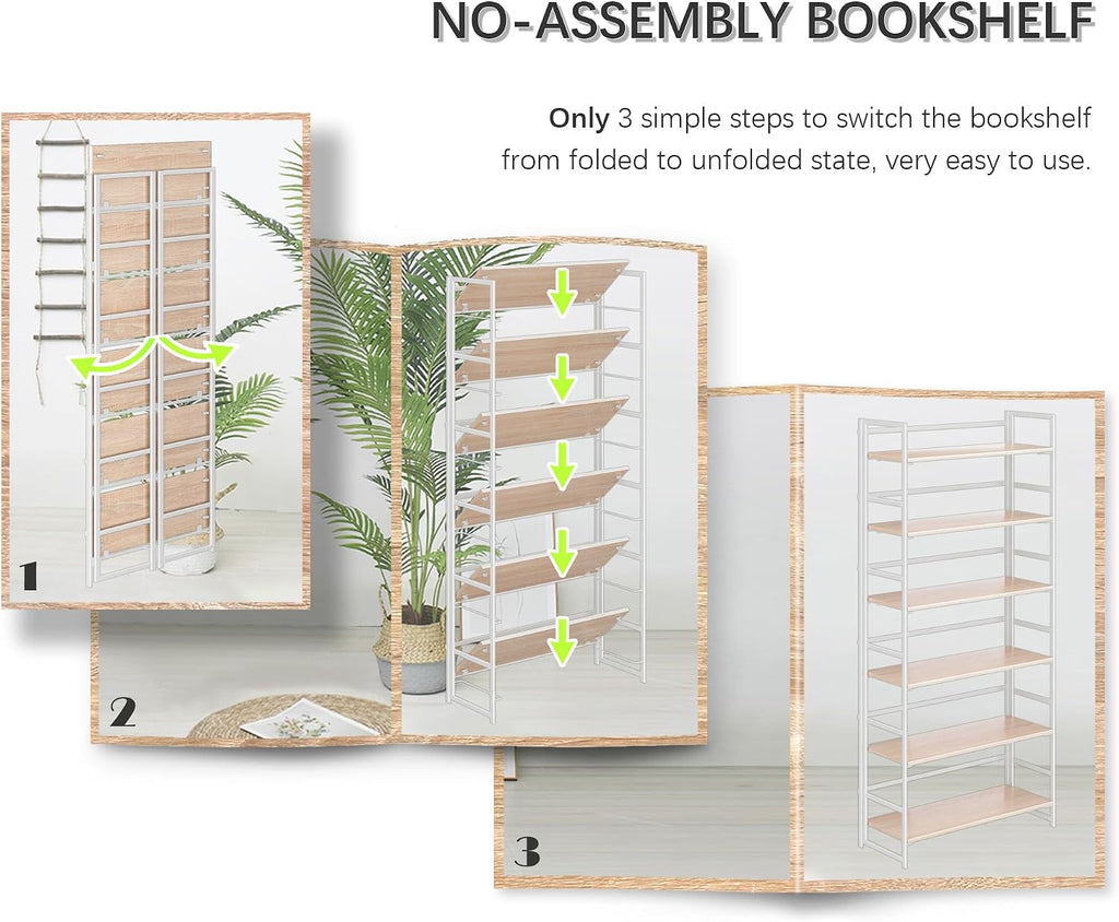 4NM No Assembly 6 Tier Collapsible Book Shelves, 61.8' H x 23.6' W Folding Bookshelf Bookcase Open Industrial Foldable Shelf for Bedroom, Living Room, Home Office - Natural White