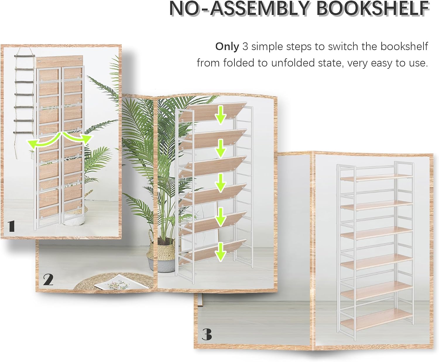 4NM No Assembly 6 Tier Collapsible Book Shelves, 61.8' H x 23.6' W Folding Bookshelf Bookcase Open Industrial Foldable Shelf for Bedroom, Living Room, Home Office - Natural White