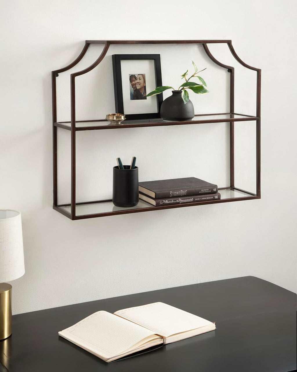 Kate and Laurel Ciel Modern Glam Wide Two-Tier Wall Shelf, 24 x 20, Bronze, Tiered Bathroom Shelves for Over the Toilet Storage or Bedroom Makeup Organizer