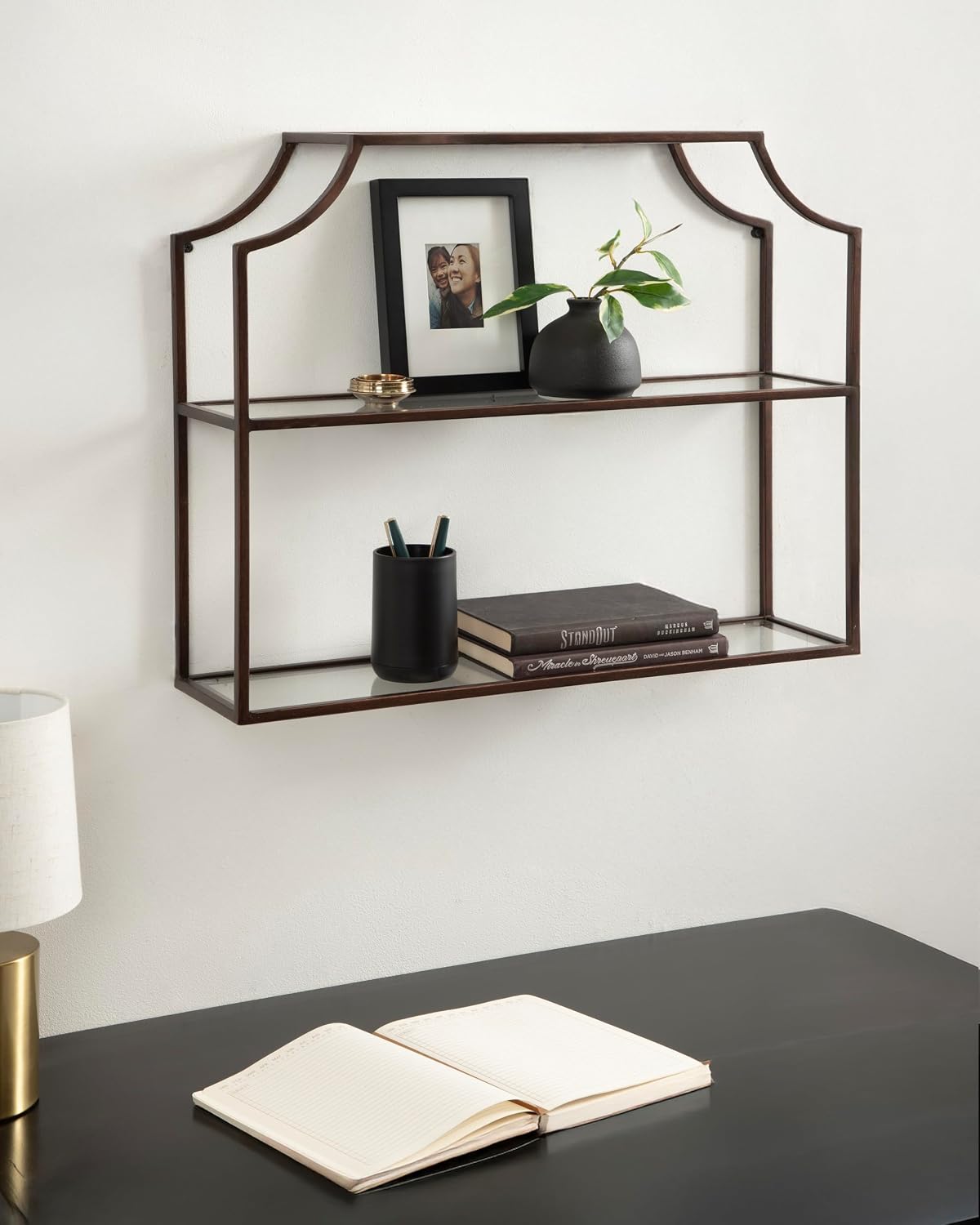 Kate and Laurel Ciel Modern Glam Wide Two-Tier Wall Shelf, 24 x 20, Bronze, Tiered Bathroom Shelves for Over the Toilet Storage or Bedroom Makeup Organizer