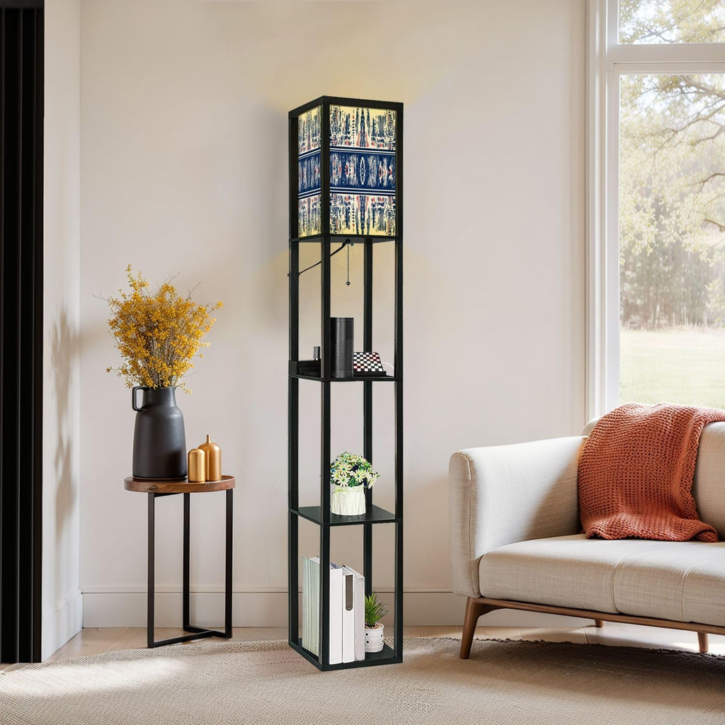 Floor Lamp with Shelves geometric folklore ornament Tribal ethnic texture Seamless striped Standing Tall Lamp USB Ports & Power Outlet Modern Corner Lamp Nightstand Light for Living Room Bedroom