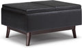 SIMPLIHOME Owen Tray Top Small Coffee Table Storage Ottoman - 34 inch Wide Upholstered Vegan Leather Rectangular Flip-Top Ottoman in Distressed Black, Mid-Century Ottoman for Living Room
