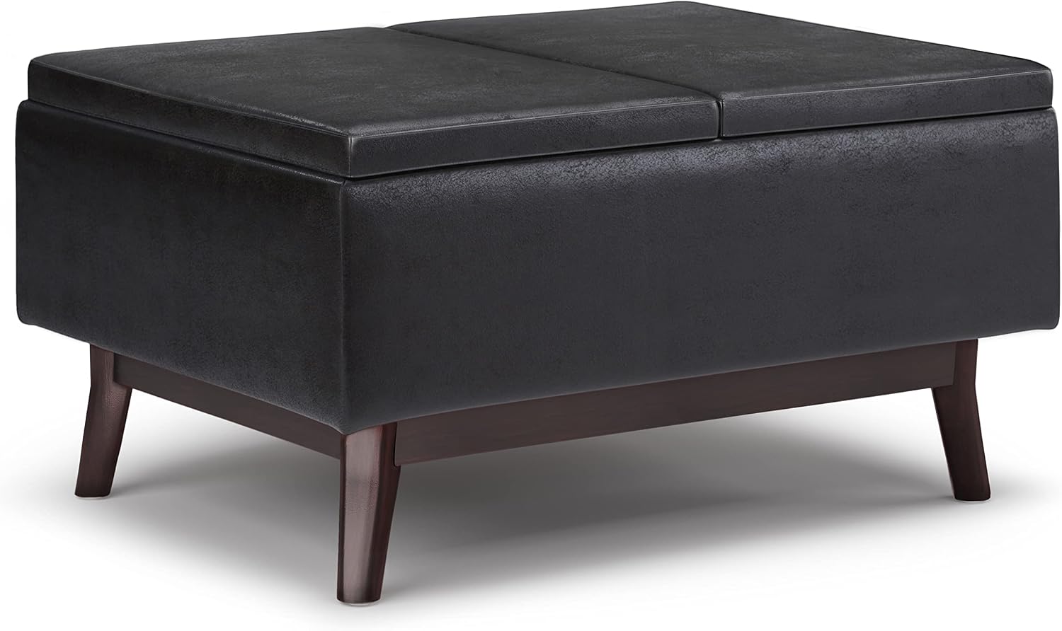 SIMPLIHOME Owen Tray Top Small Coffee Table Storage Ottoman - 34 inch Wide Upholstered Vegan Leather Rectangular Flip-Top Ottoman in Distressed Black, Mid-Century Ottoman for Living Room