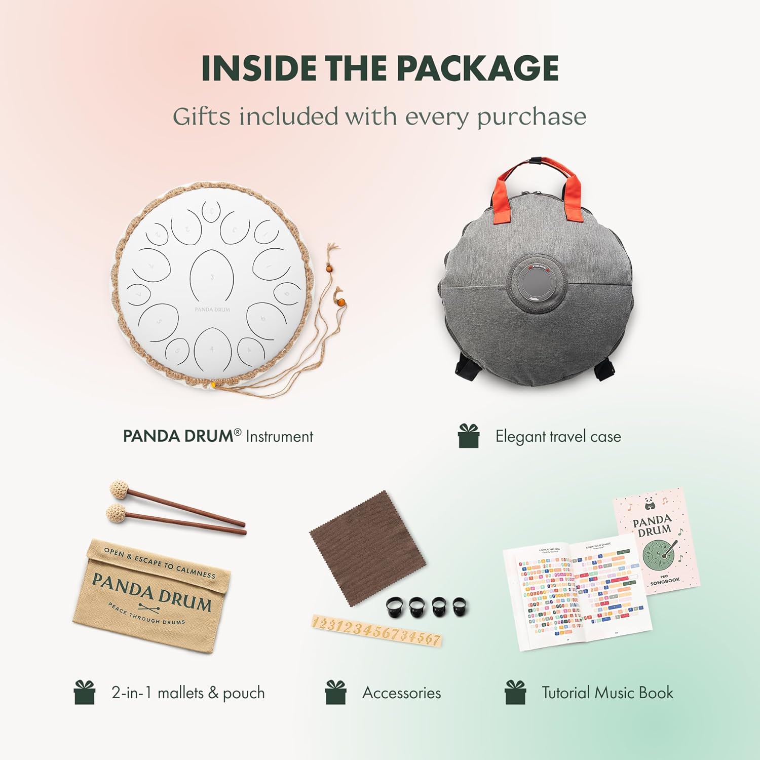 Panda Drum Pro (White) | Steel Tongue Handpan with Music Book, Mallets, Carrying Bag & Finger Picks | 15 inch, 432 Hz | Rain Drum for Inside & Outside | Calming Musical Instrument for Adults & Kids