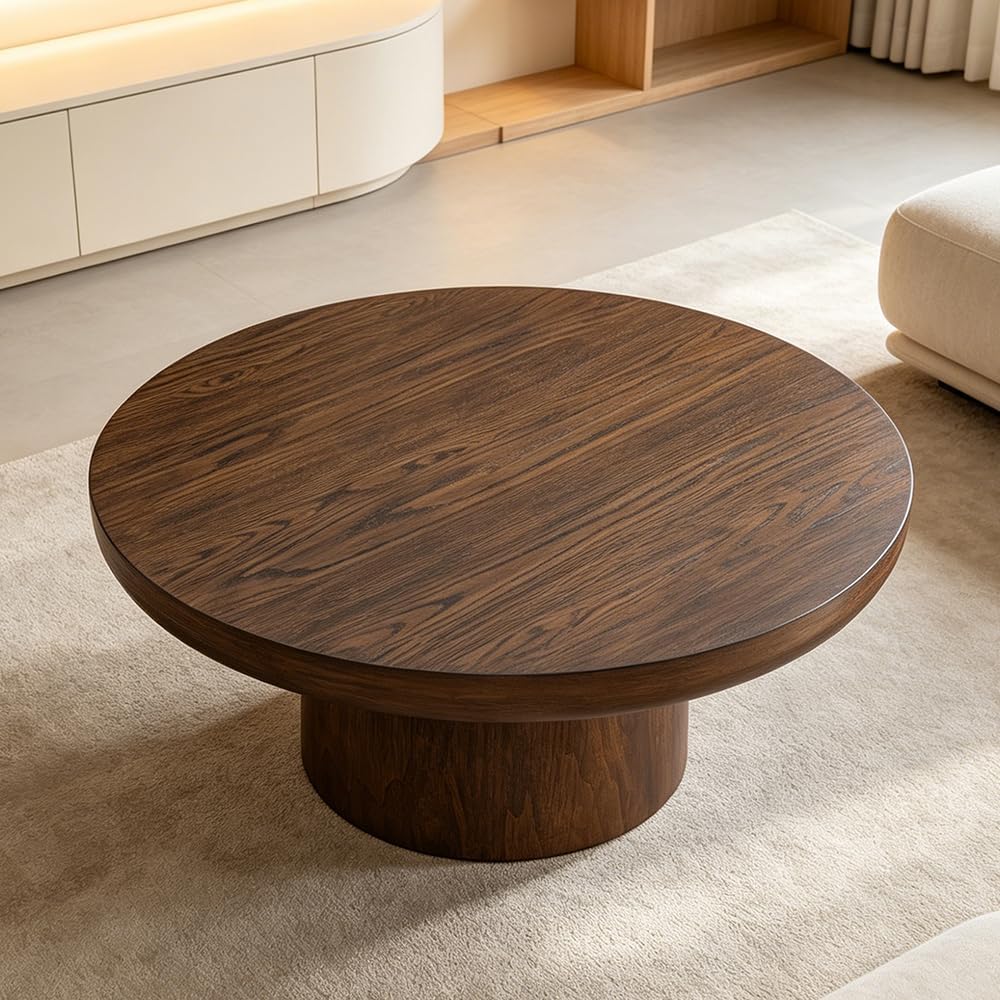 WILLIAMSPACE 35.98' Round Coffee Table with Cylindrical Base, Modern Wood Drum Center Table, Accent Side End Table for Living Room Apartment, φ35.98'*15.98'H (Dark Brown)