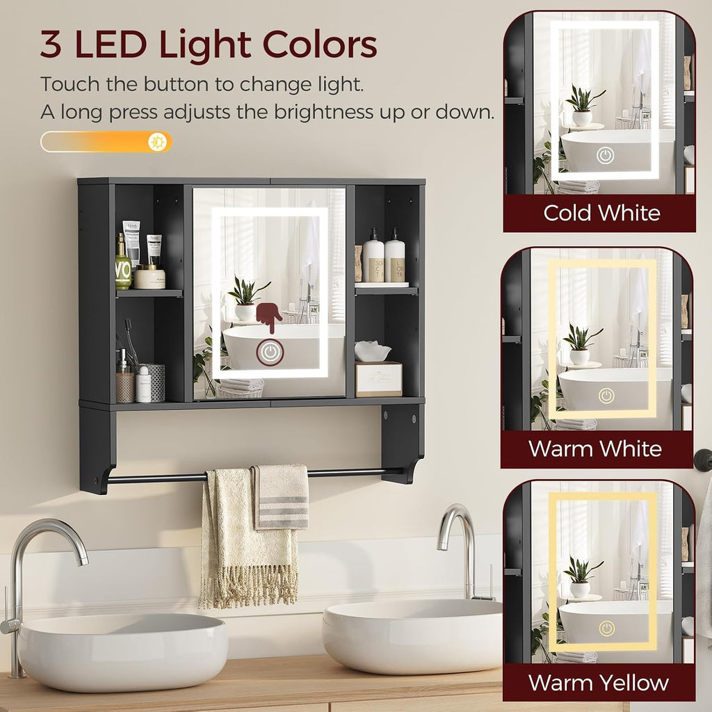 MAHANCRIS Bathroom Wall Cabinet with Mirror and Farmhouse Medicine Cabinets with Sliding Door Bundle, Wall Mounted Storage Cabinet with Adjustable Shelf and Towel Bar for Bathroom Black, WC2201-WC3601