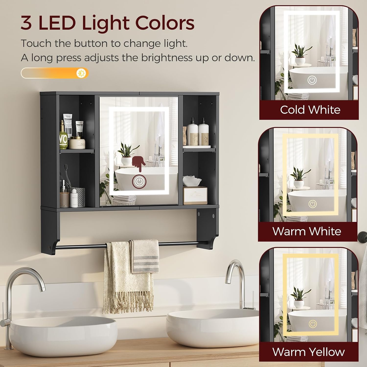 MAHANCRIS Bathroom Wall Cabinet with Mirror and Farmhouse Medicine Cabinets with Sliding Door Bundle, Wall Mounted Storage Cabinet with Adjustable Shelf and Towel Bar for Bathroom Black, WC2201-WC3601
