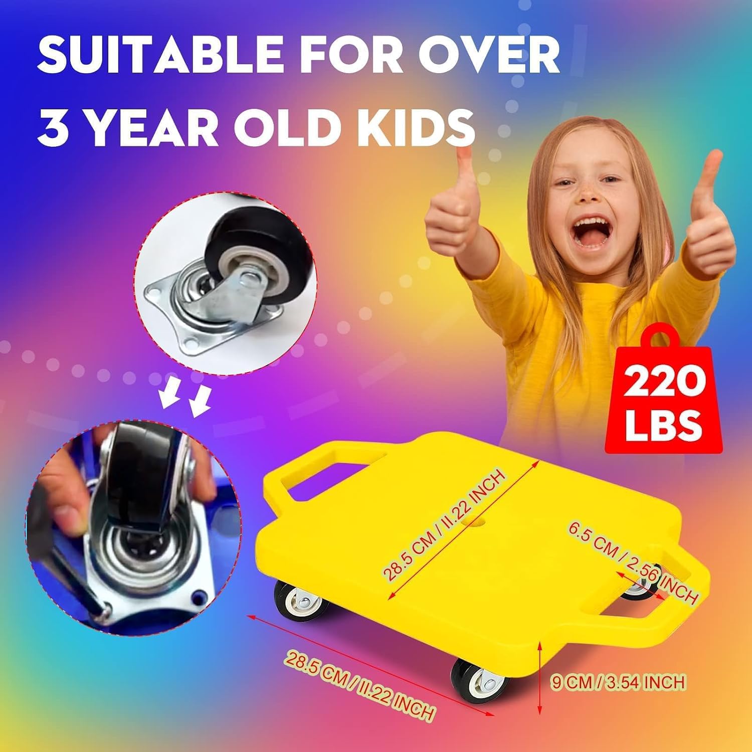 12 Pcs Sports Scooter Board with Handles for Kids Non-Marring Plastic Casters Floor Scooter Board Sitting Scooter Board Boy Girl Gym Indoor Outdoor Activities Play Equipment