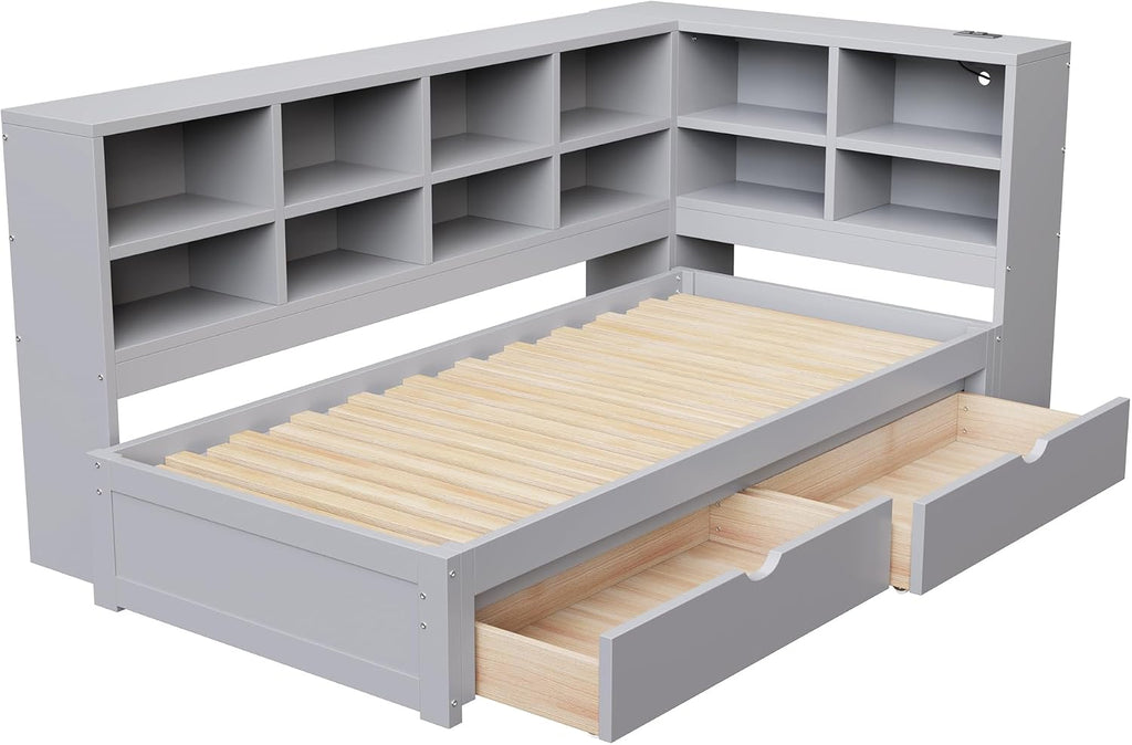 Wood Daybed Twin XL to King Size with 2 Storage Drawers and L-shaped Storage Cabinets, L-Shaped Corner Platform Bed Frame with LED Light and USB Ports for Office Living Room Bedroom (Gray-2.14)