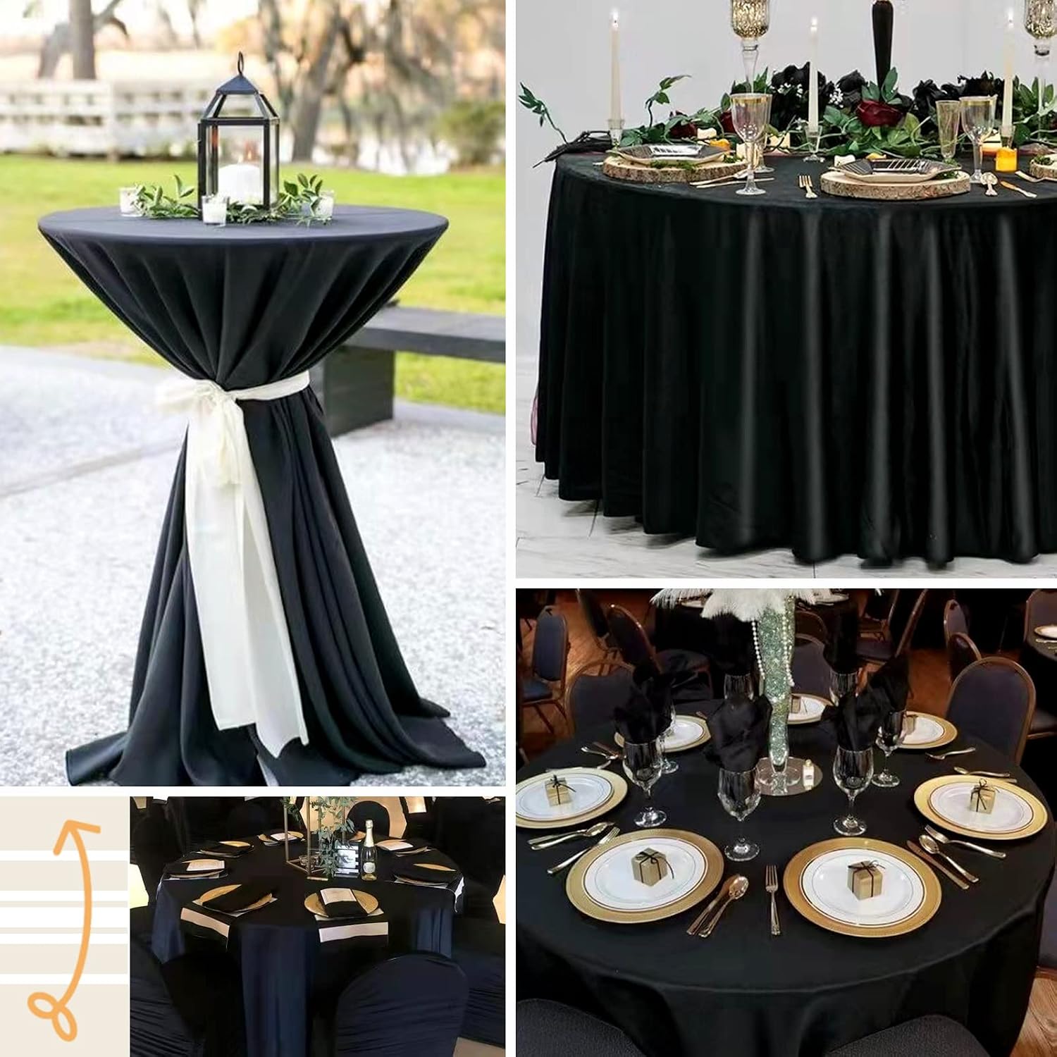 fani 12 Pack 120 Inch Black Satin Tablecloth - Premium Bright Silky Round Tablecloth Overlay Smooth Fabric Table Cover, Table Decoration for Wedding Party Banquet Events Restaurant Kitchen Dining