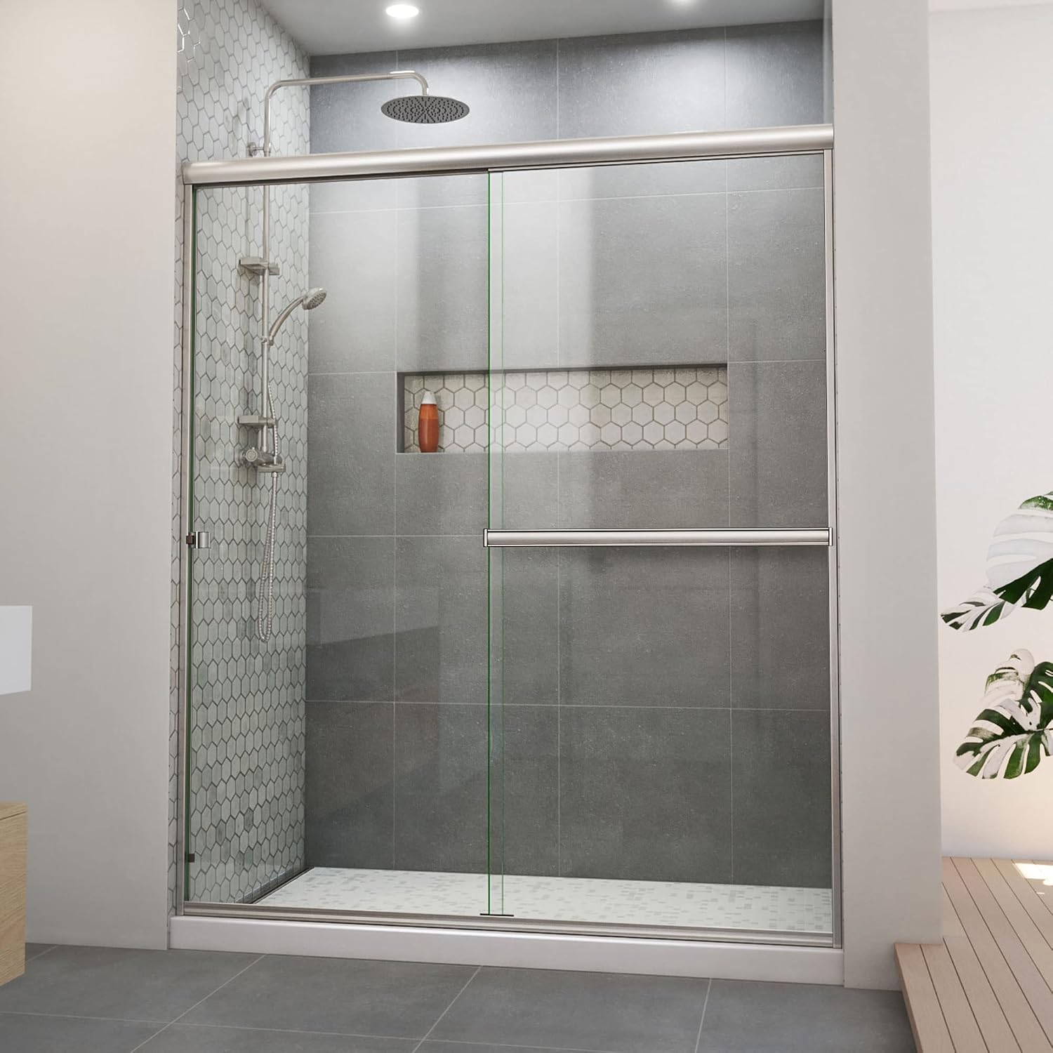 DreamLine Alliance Pro BGX 56-60 inch W x 70 3/8 inch H Semi-Frameless Bypass Shower Door in Brushed Nickel and Clear Glass