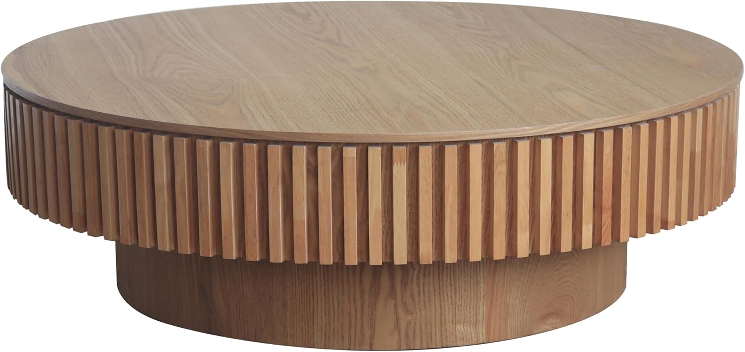 39.37'' Round Coffee Table Modern Wood Circle Fluted Drum Pedestal Coffee Table with Storage Space for Living Room, Easy Assembly, Wood