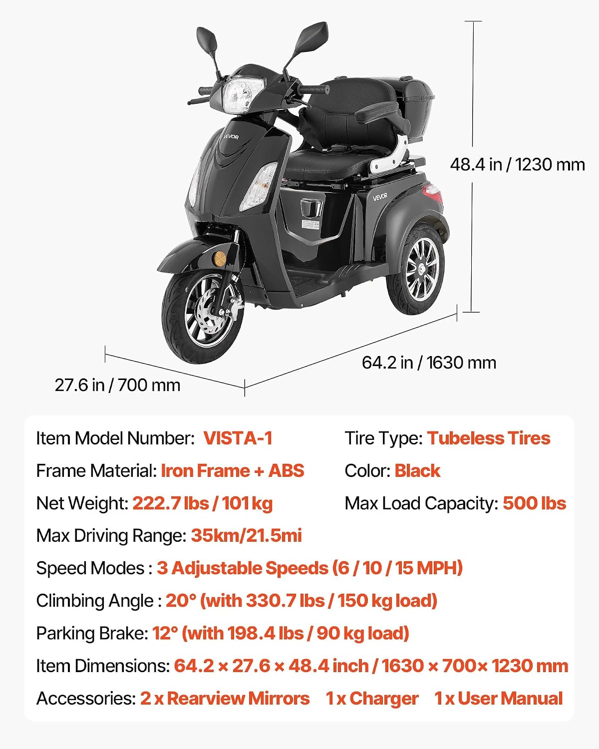 VEVOR Heavy Duty 3-Wheel Mobility Scooters for Seniors & Adults, 500lbs Capacity, 21.5 Miles 3-Speed Long Range, 1000W All Terrain Electric Recreational Scooter Wheelchair, 20° Max Climbing Capacity