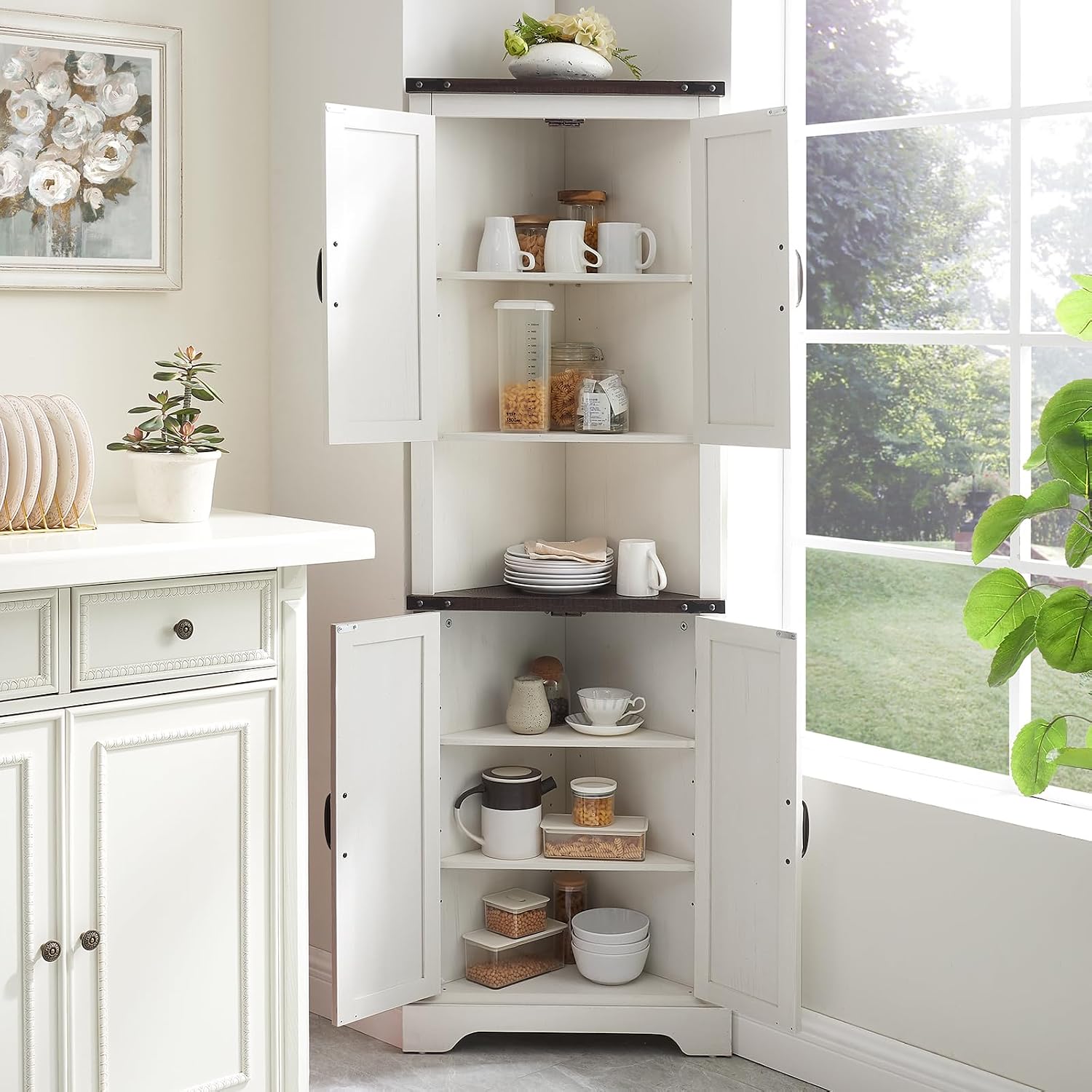 Minifeel Tall Farmhouse Corner Cabinet with 4 Doors and Adjustable Shelves, Farmhouse Storage Cabinet with Barn Door Design, Home Space Saver for Living Room, Kitchen, Laundry Room (Antique White)