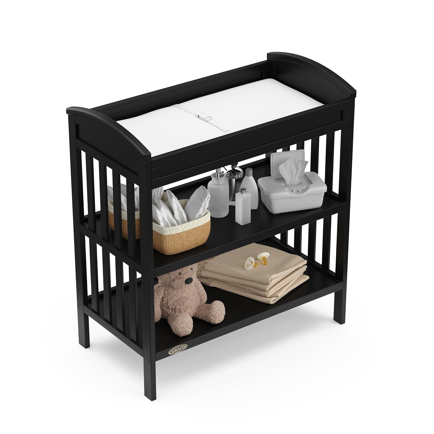 Graco Benton Changing Table with Bonus Water-Resistant Changing Pad (Black) - GREENGUARD Gold Certified, Includes Diaper Change Pad with Safety Strap, 2 Open Storage Shelves for Organizing