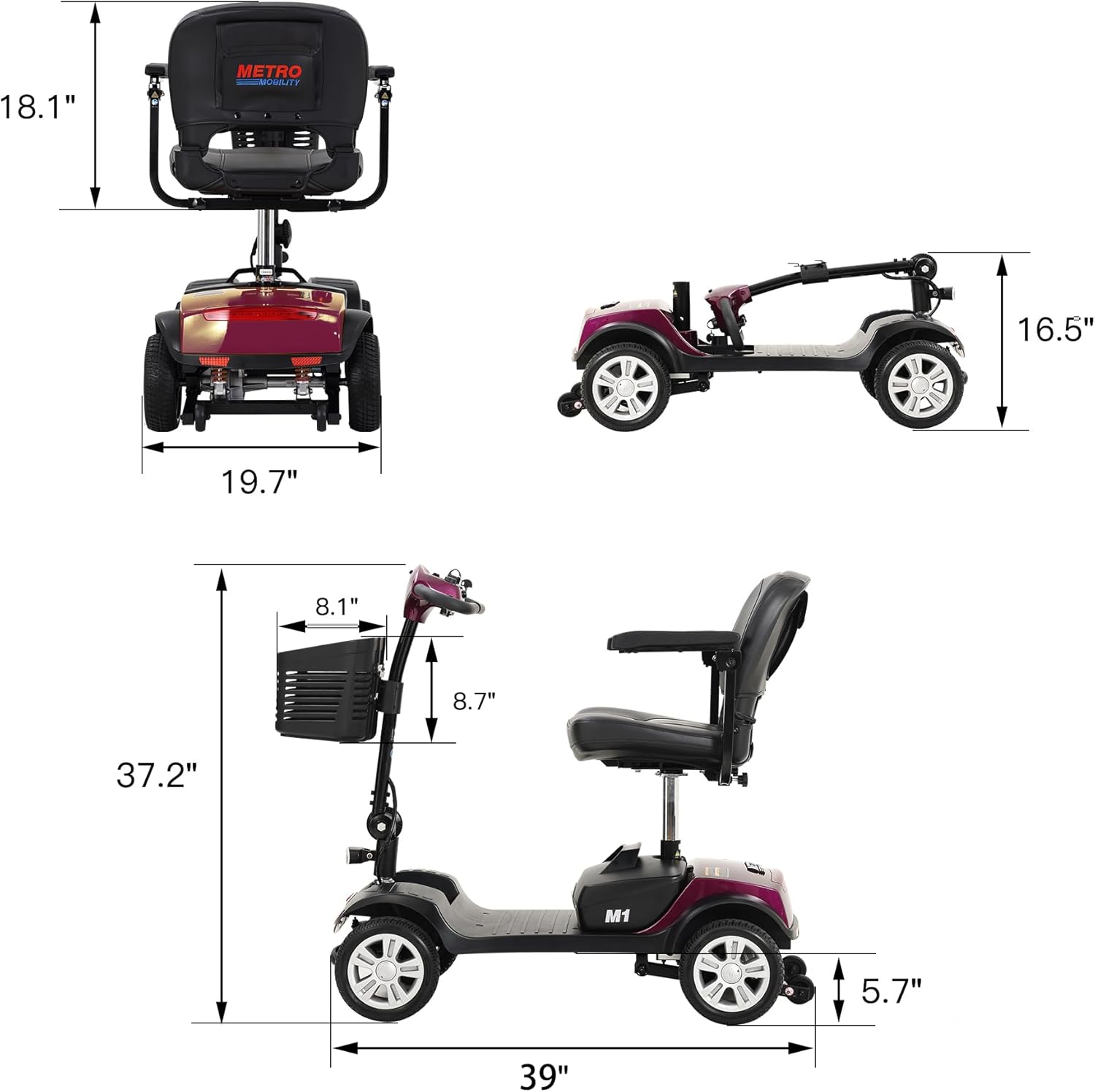 LED Lights Swivel seat Mobility Scooter, Rear Suspension, Electric wheelchairs for Seniors 300 pounds, Detachable Folding Scooter, 4 Wheel (Electric Scooter - Red)