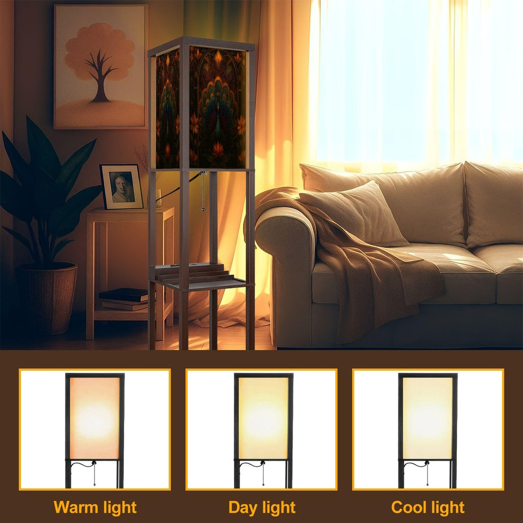 Floor Lamp with Shelves Asymmetrical Peacock Stained Glass Art Geometric Feather Design Standing Tall Lamp USB Ports & Power Outlet Modern Corner Lamp Nightstand Light for Living Room Bedroom