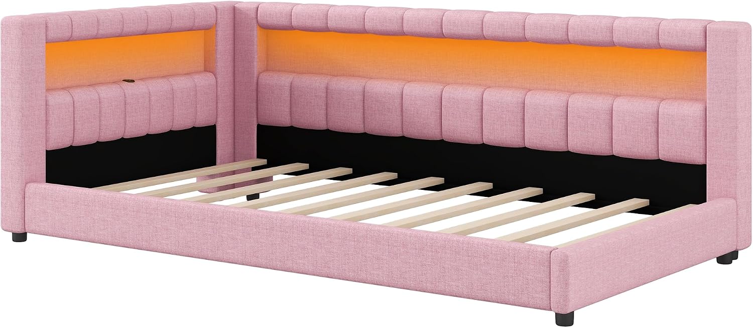 Upholstered Twin XL Size Daybed with LED and USB Ports, L-Shaped Corner Day Bed with Storage Shelves Headboard,Space Saving for Girls Adults Kids Boys, Pink