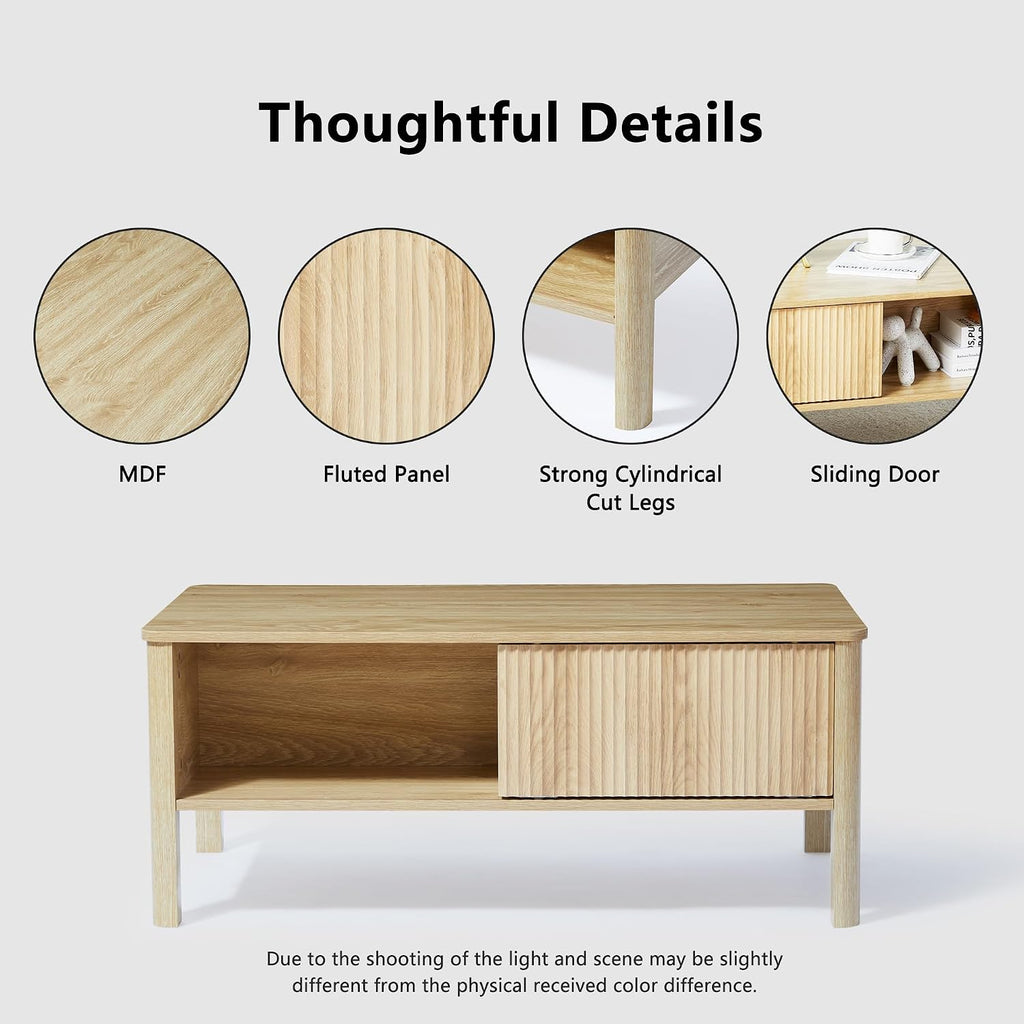 TV Stand and Coffee Table Set, Rectangle Fluted Coffee Table and TV Stand with Storage and Sliding Doors, Light Wood Coffee Table and TV Stand Set, Mid Century Modern Boho Style (Natural)