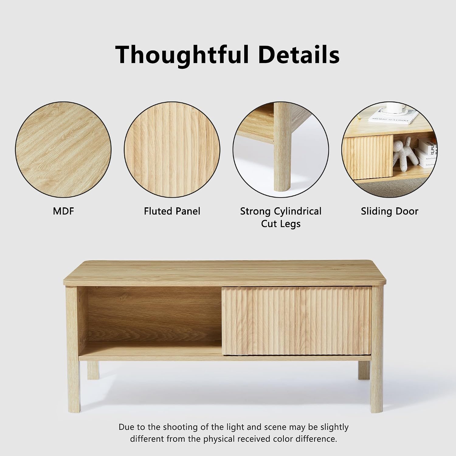 TV Stand and Coffee Table Set, Rectangle Fluted Coffee Table and TV Stand with Storage and Sliding Doors, Light Wood Coffee Table and TV Stand Set, Mid Century Modern Boho Style (Natural)