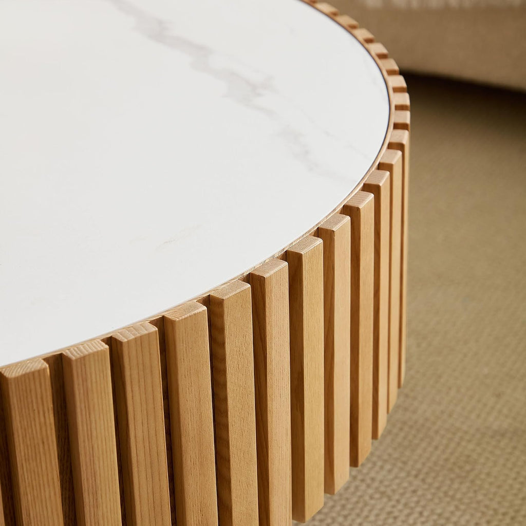 SOFTSEA Wood Coffee Table, 35.43' Round Center Table with Sintered Stone Tabletop for Living Room, Apartment, Ash