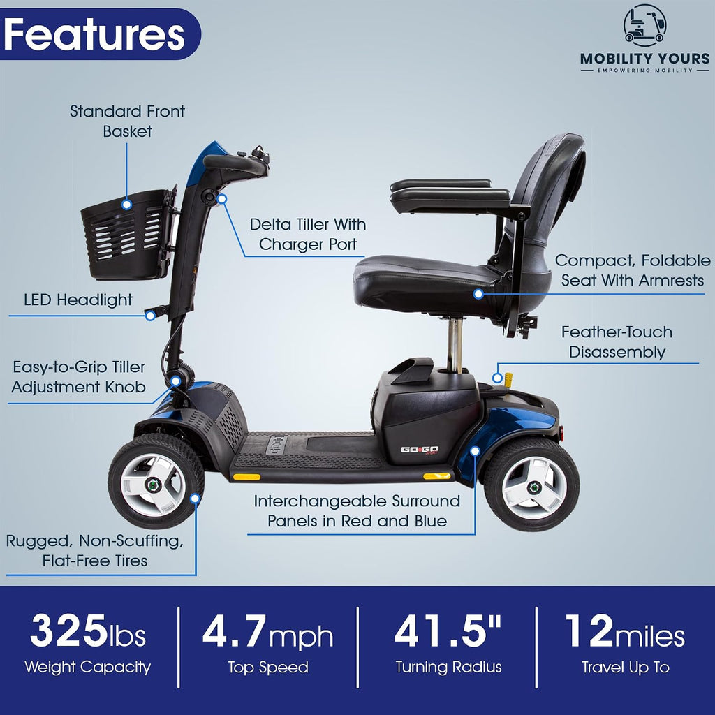 Pride Go Go Sport 4 Wheel Mobility Scooter + Lockable Storage Pod, Rear Basket, Cell Phone Mount, New Easy Turn Feature, LED Headlight, Foldable Seat, 325 Lbs Capacity, Warranty