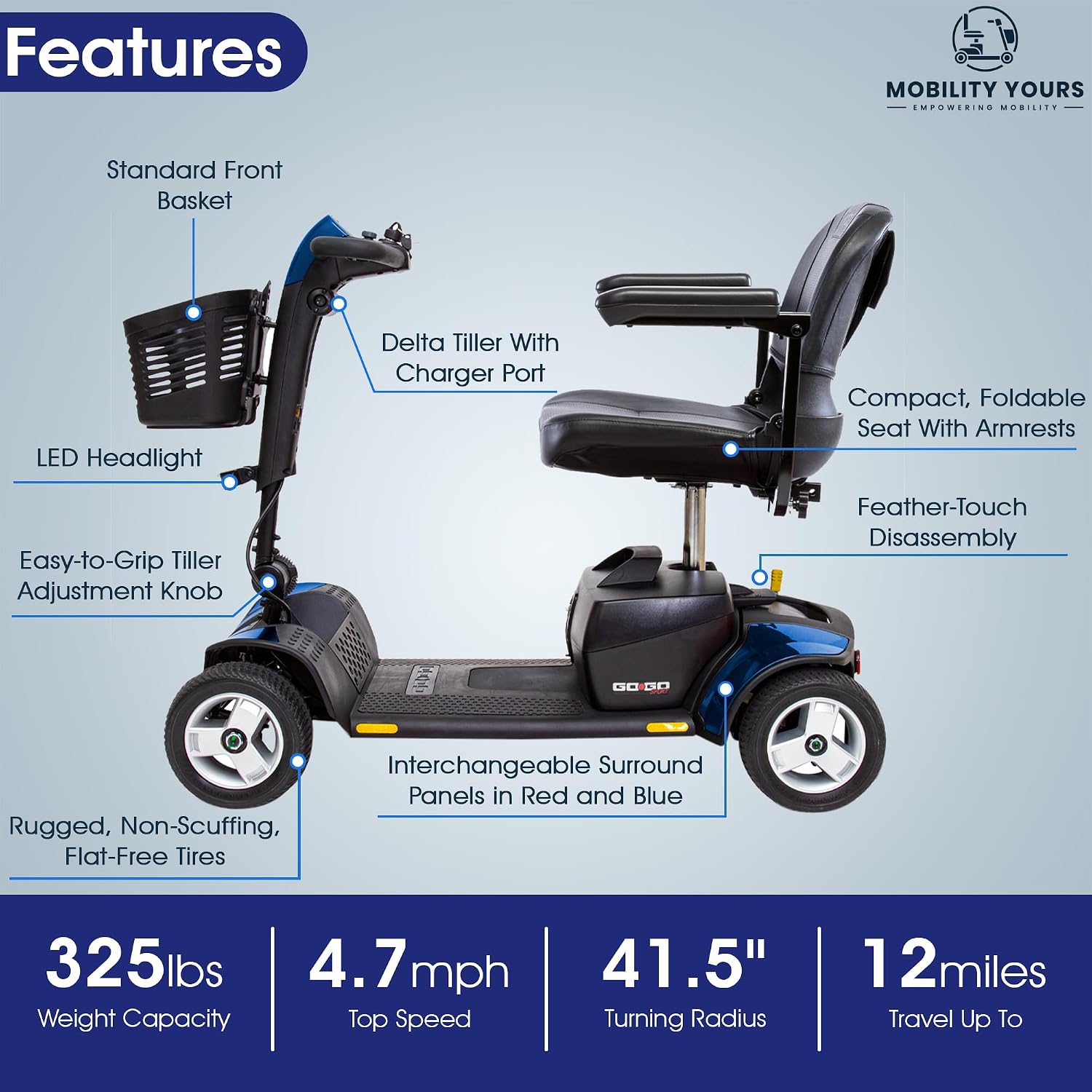 Pride Go Go Sport 4 Wheel Mobility Scooter + Lockable Storage Pod, Rear Basket, Cell Phone Mount, New Easy Turn Feature, LED Headlight, Foldable Seat, 325 Lbs Capacity, Warranty