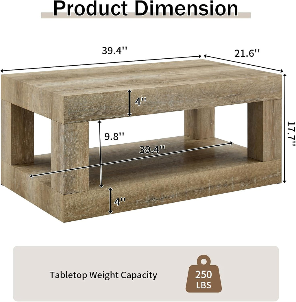 LKTART 39.37' Coffee Table with Storage, 2-Tier Mid Century Rectangular Accent Table with Thick Tabletop, Rustic Style Cocktail, Center Table for Living Room, Office, Apartment (Antique Natural)