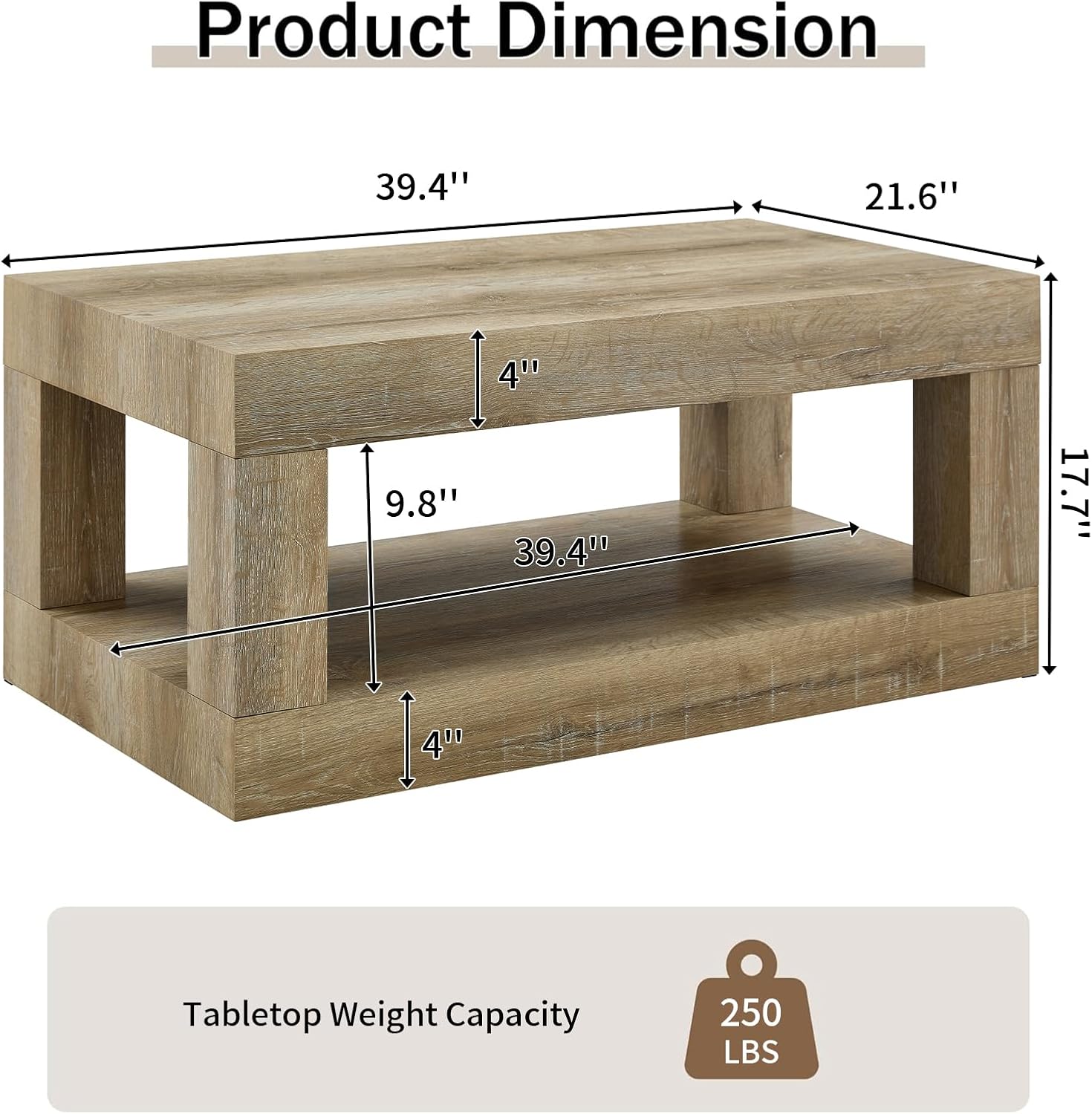 LKTART 39.37' Coffee Table with Storage, 2-Tier Mid Century Rectangular Accent Table with Thick Tabletop, Rustic Style Cocktail, Center Table for Living Room, Office, Apartment (Antique Natural)