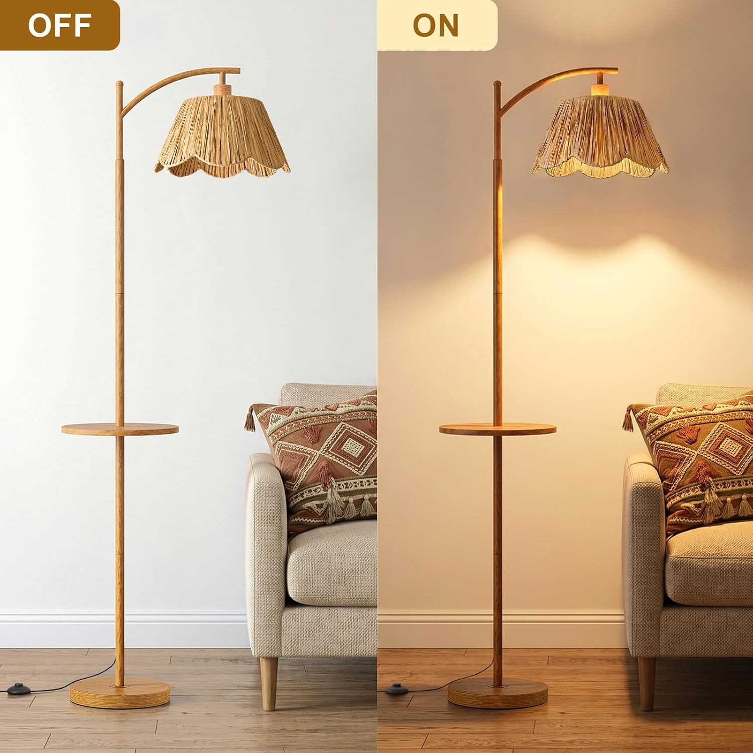 Oneach 63.5' Floor Lamp with Table for Living Room, Boho Rattan Standing Lamps with Foot Switch, Farmhouse Floor Lamp for Bedroom, Arc Tall Lamp with Metal Base&Pole, Bulb not Included, Woodgrain