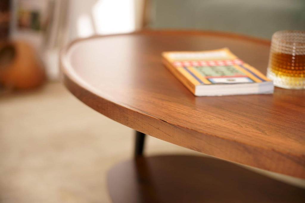 AGV LIGHTING Mango Oval Coffee Table with Storage Shelf, 47' Mid Century Modern Coffee Table for Living Room, Walnut Wood Finish MDF Top with Black Metal Legs