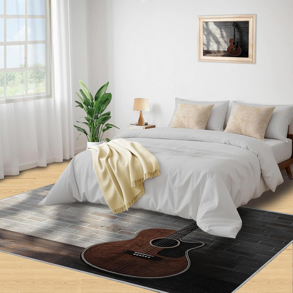 Wooden Guitar Rugs for Bedroom - 5x7 Rug, Brick Wall Area Rugs for Living Room, Vintage Washable Carpet, Music Rug, Boys Room Carpet - Guitar Home Decor & Gift