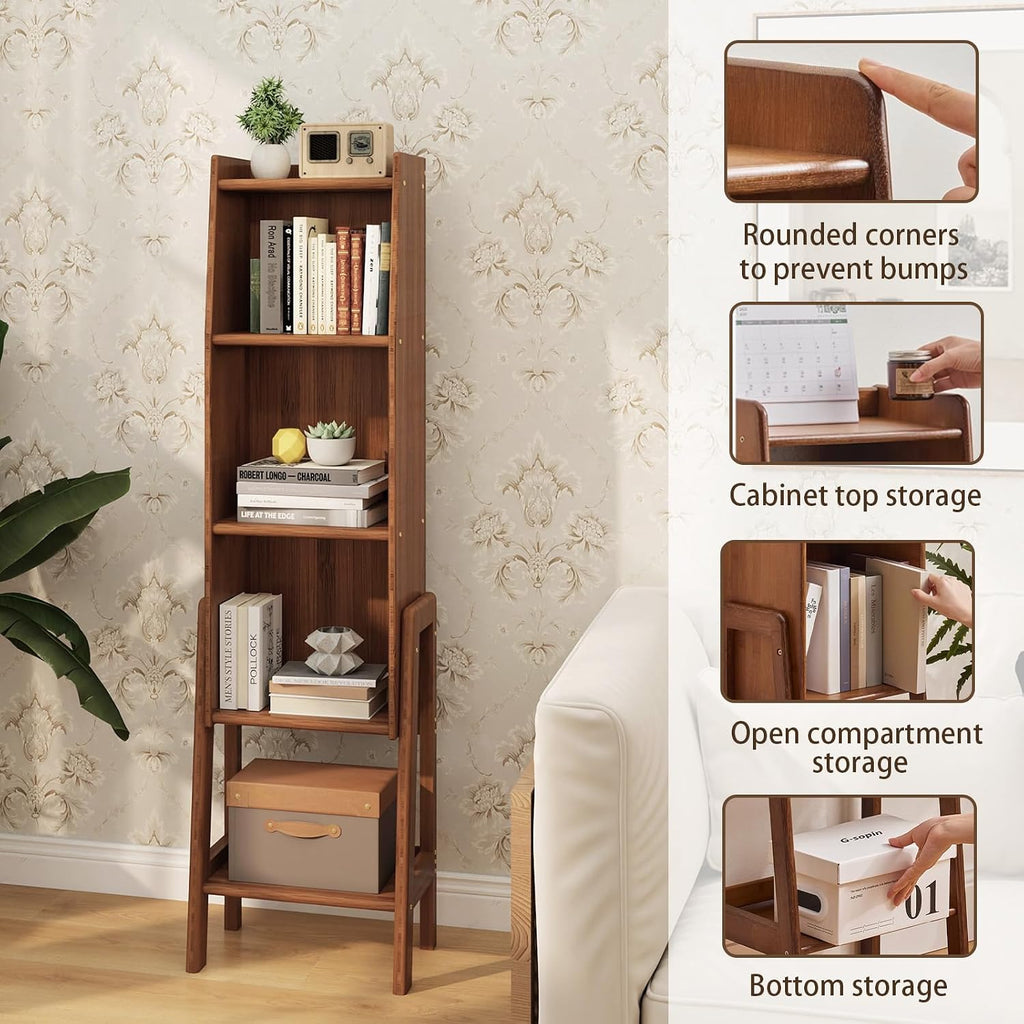 5 Tier Mid Century Bookcase,Open Floor Standing Storage Bookshelf,Modern Organizer Narrow Bookcase,Free Standing Organizer Shelves for Study Living Room Kitchen Office Bedroom Balcony(Brown)