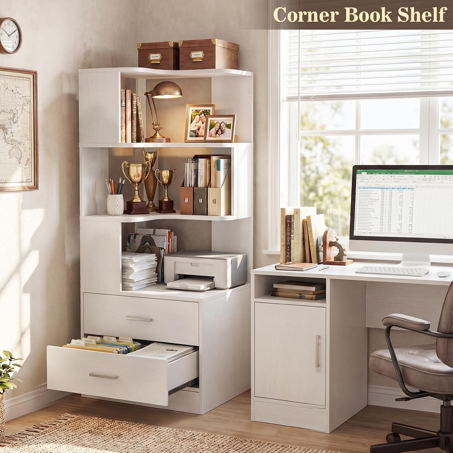 Armocity Corner Bookshelf with Drawers, 6 Tier Corner Book Shelf Display Bookcase, Freestanding L Shaped Bookshelf for Bedroom, Living Room, Home Office, White