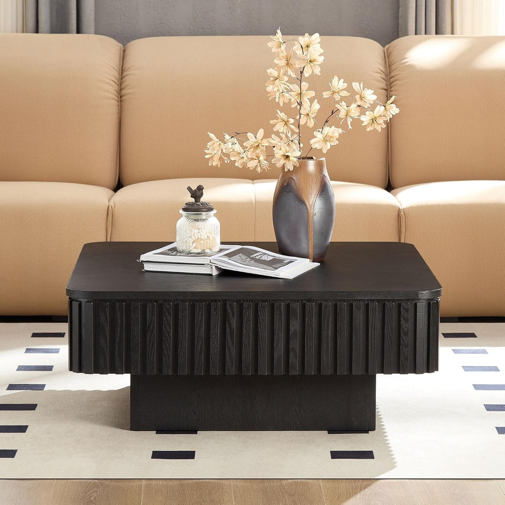 35.43'' Square Coffee Table with Lifting Top for Living Room Lift Top Coffee Table with Storage Larger Fluted Coffee Tables Modern Smart Center Tables for Apartment Black Wood