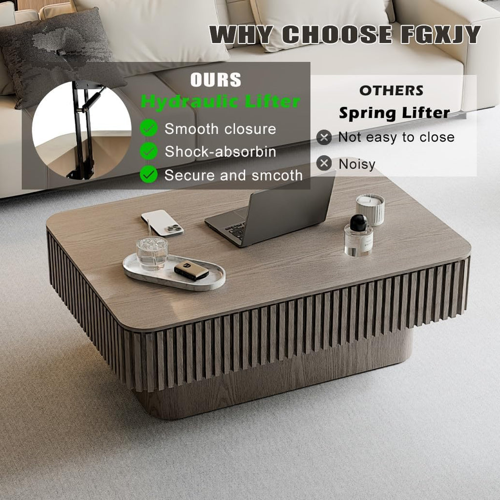 Lift Coffee Table with Storage & Adjustable Height, Rectangle Solid Wood Coffee Table Fluted Center Table Accent Tea Table or Living Room, Apartment, Office (38.6' Grey)