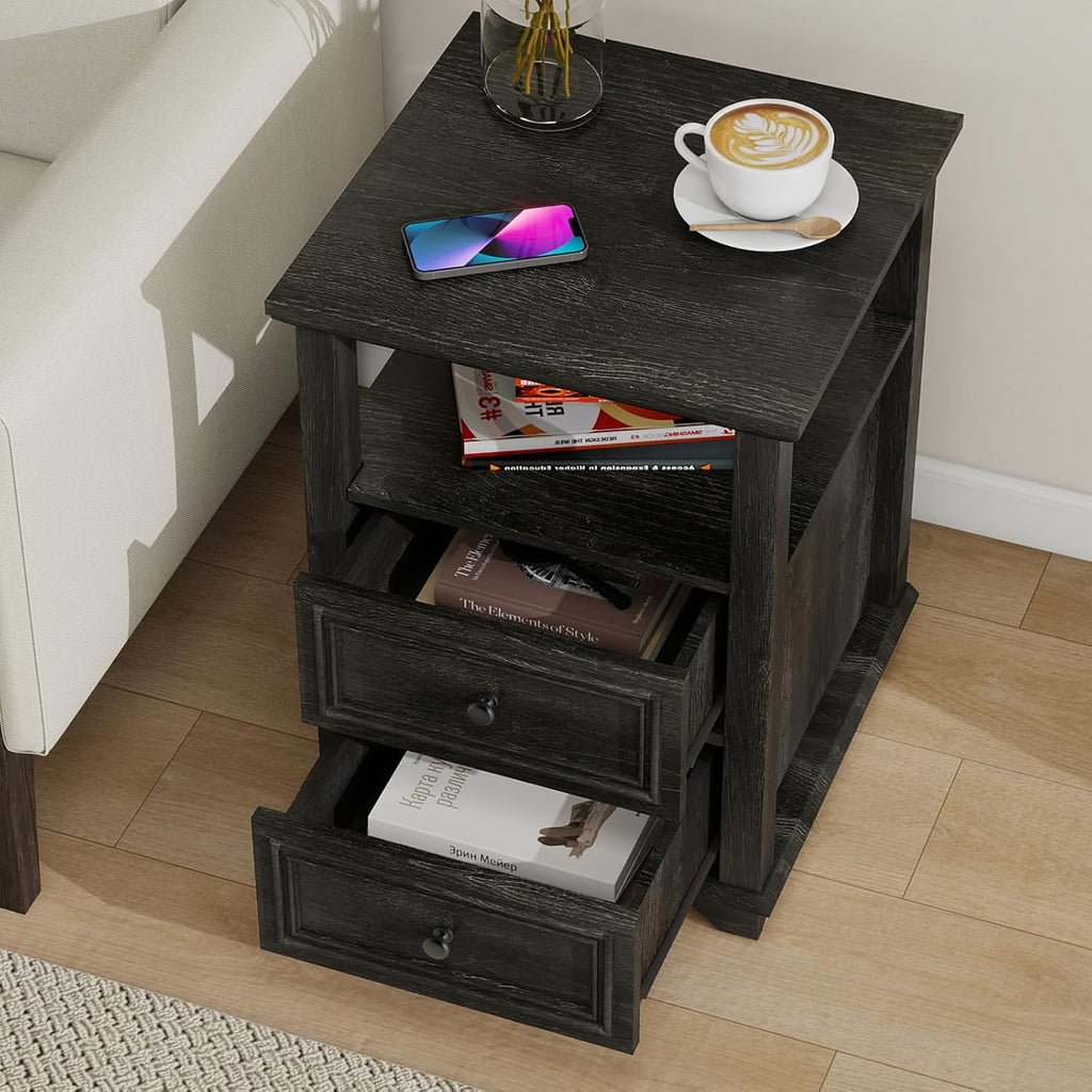 Vipbear Farmhouse Nightstand 18' Dark Gray End Table with Charging Station & 2 Drawers, Rustic Bedside Table with Storage Shelf for Bedroom, Living Room,18.1' D x 18.1' W x 24.2' H, Set of 2