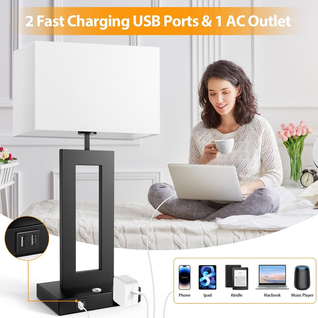 27.2'' Tall Black Table Lamps for Living Room Bedroom, Bedside Touch Control Lamps with 2 USB Ports&AC Outlet, 3 Color Temp.&Stepless Dimming Desk Lamp Sets for Home Office, Pre-assembled White Shade