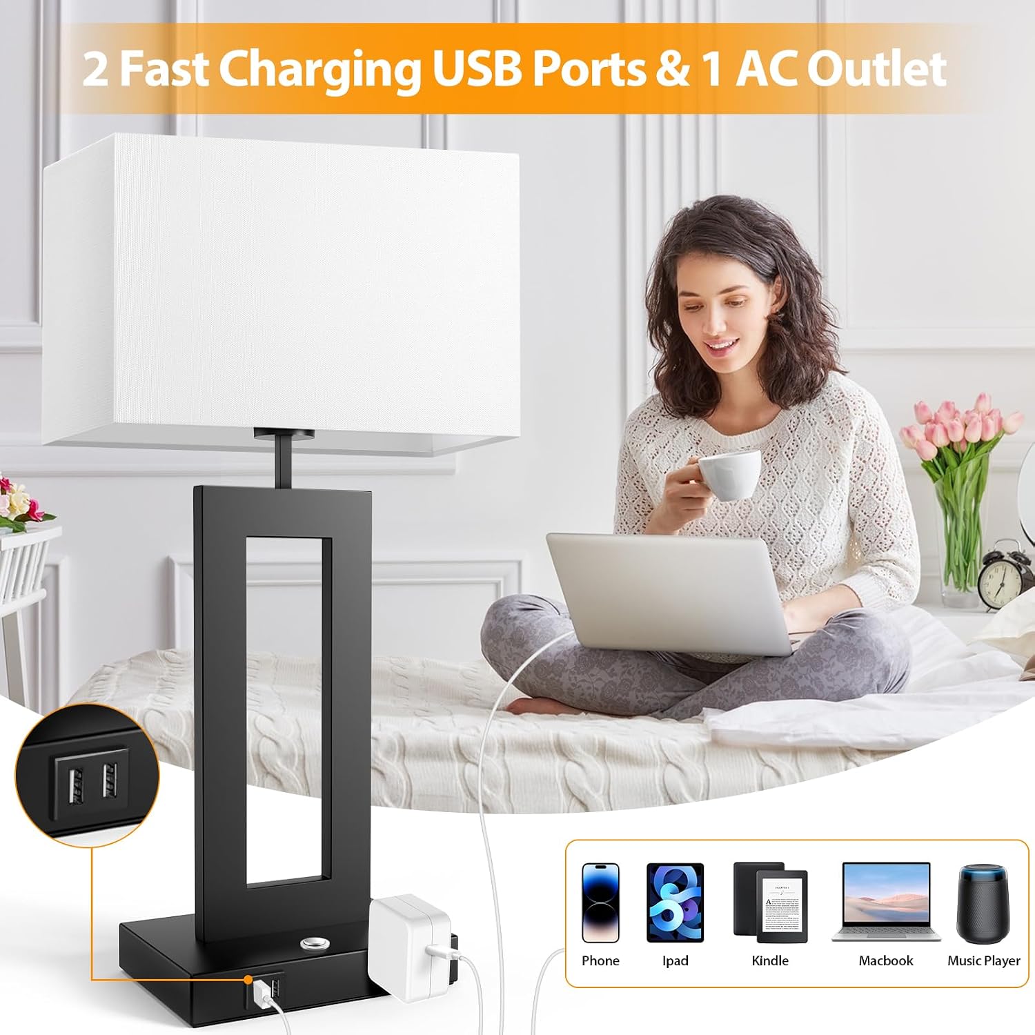 27.2'' Tall Black Table Lamps for Living Room Bedroom, Bedside Touch Control Lamps with 2 USB Ports&AC Outlet, 3 Color Temp.&Stepless Dimming Desk Lamp Sets for Home Office, Pre-assembled White Shade