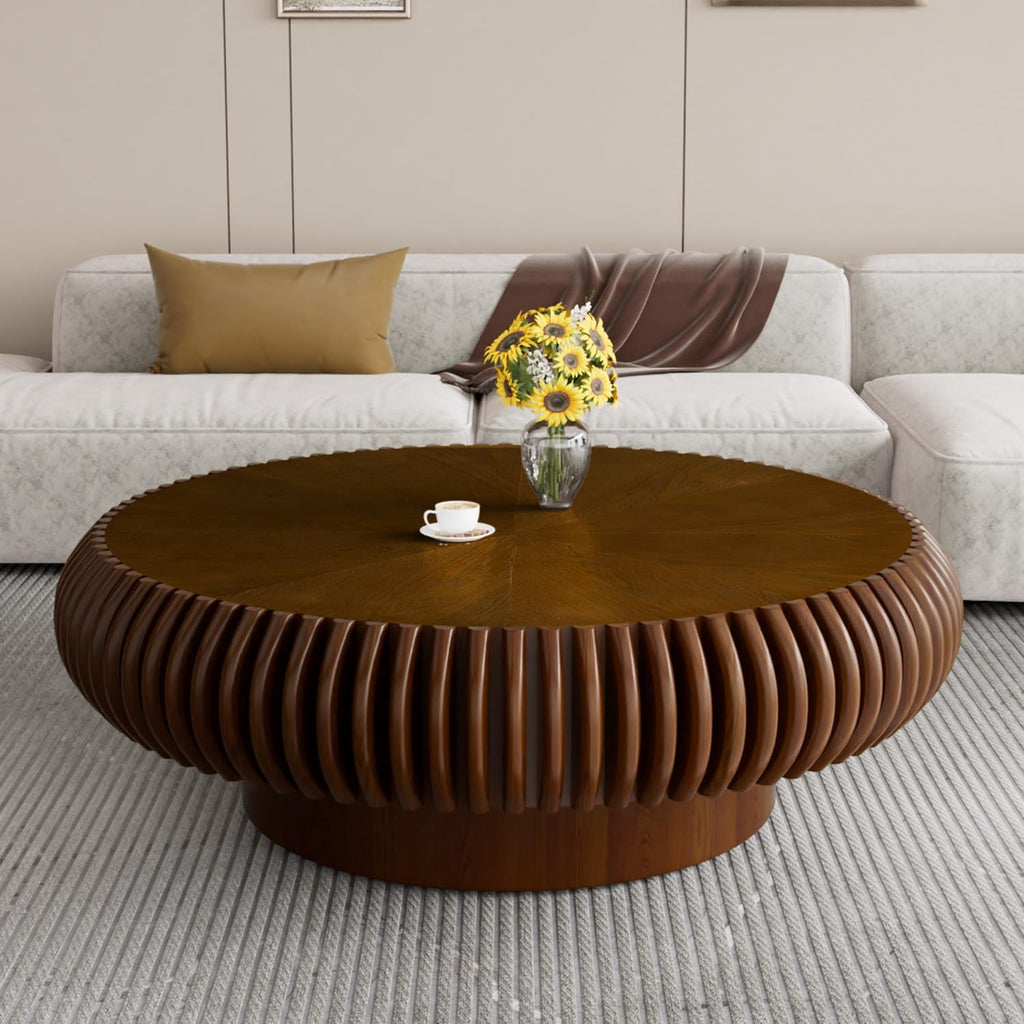 39.3' Drum Coffee Table Modern Unique Fluted Tea Table Contemporary Wood Round Coffee Table with Fluted Centry Table for Living Room Walnut (39.3' Walnut)