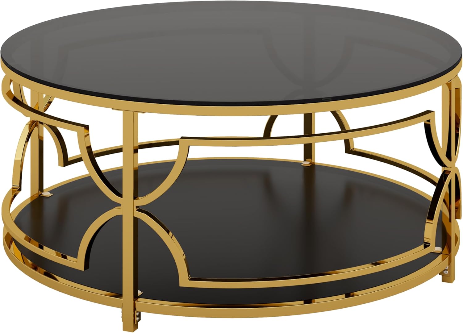 Merax 30.7' Round Tempered Glass Coffee Table, Luxurious Gold Geometric Metal Frame Side Table with Lower Storage Shelf, Modern Accent End Tables for Living Room, Bedroom, Apartment, Office, Black