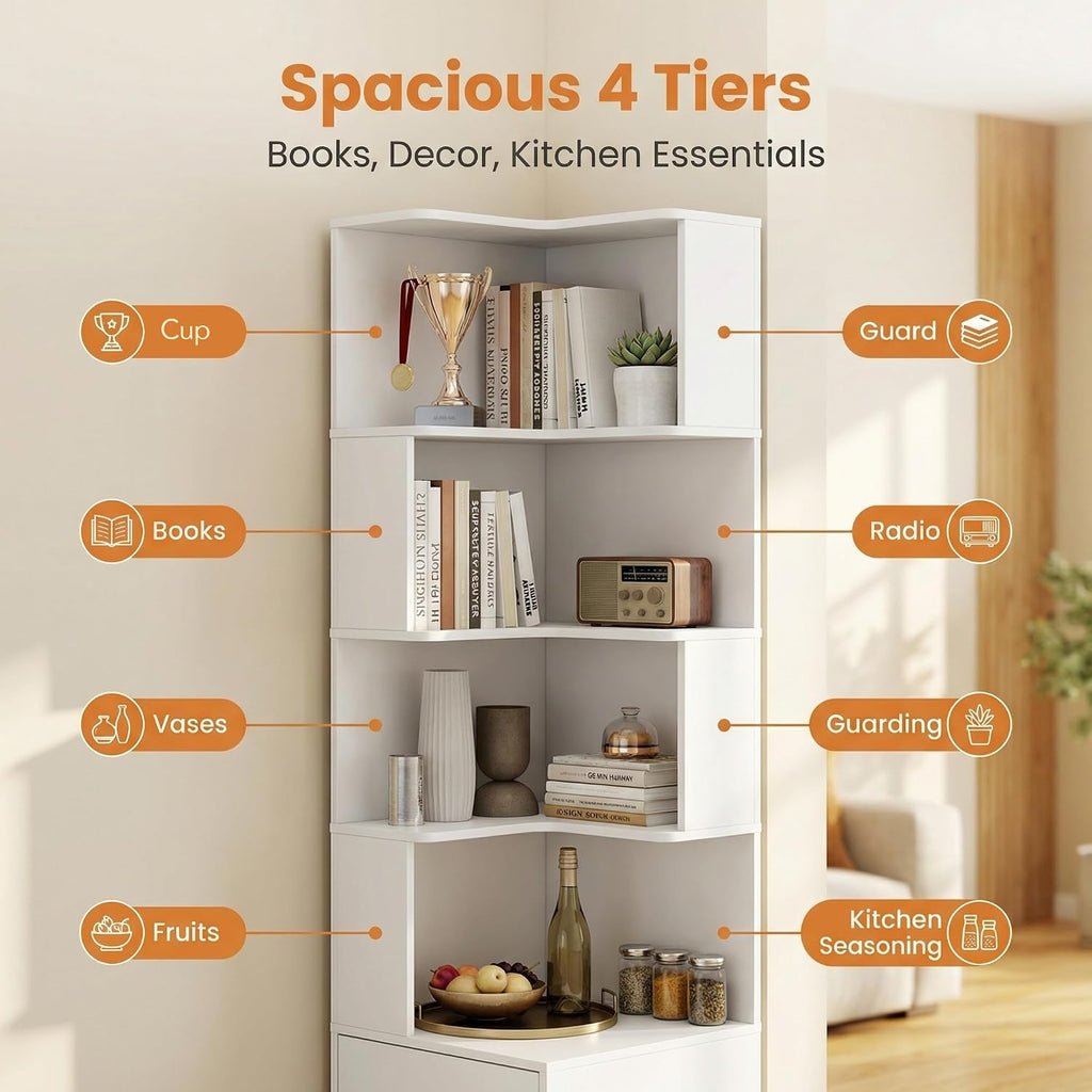 4 Tier Corner Bookshelf with Drawers, L Shaped Freestanding Corner Bookcase with LED Lights and Baffle, Space Saving Display Shelf for Living Room, Bedroom, Home Office, Kitchen(White)