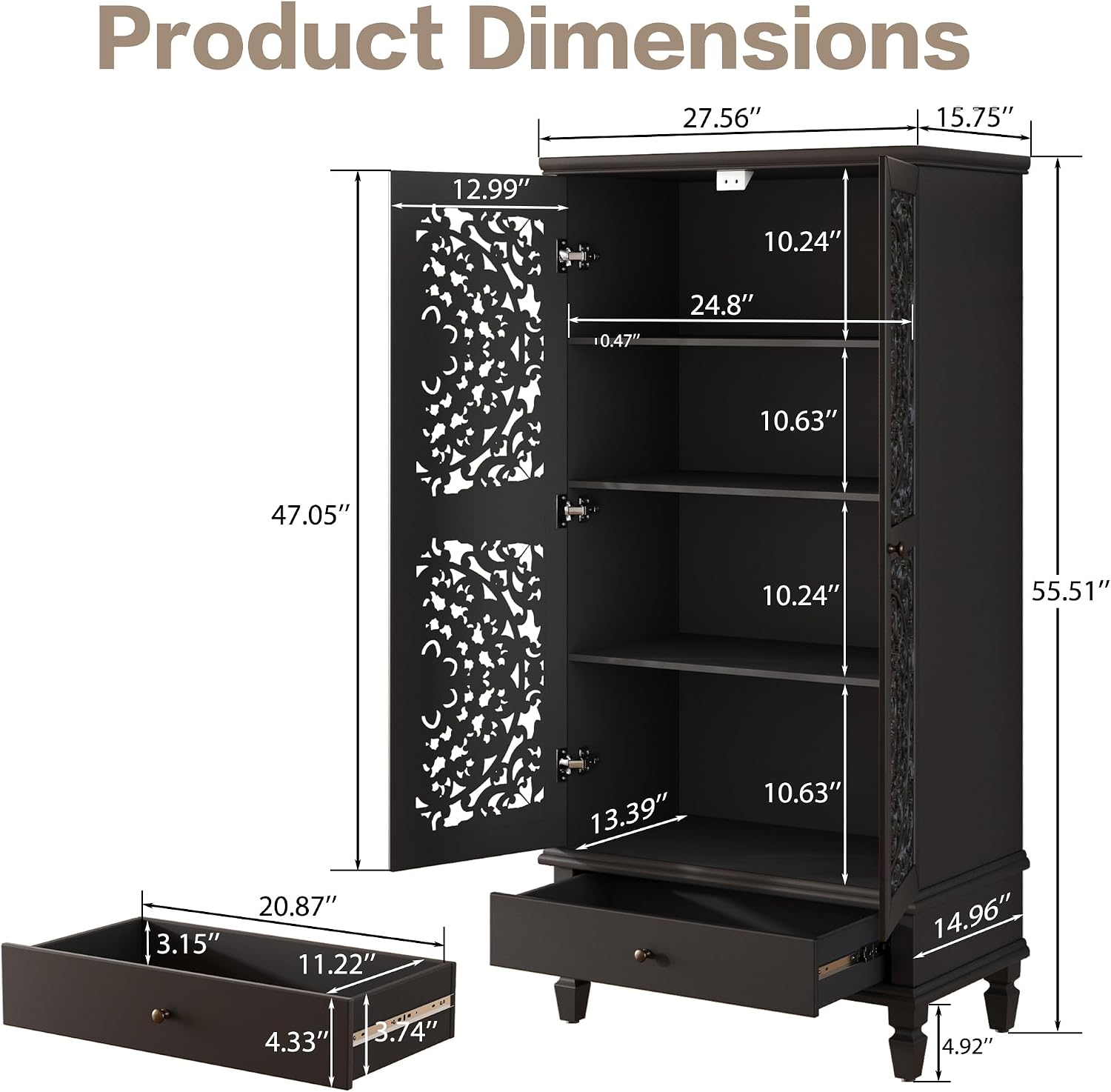 JIJIWANG Rustic 55'' Hollowed-Out Carving Storage Cabinet with 2 Doors and Shelves,French Wood Accent Cabinet with Distressed Finish,Buffet & Sideboard for Living Room,Entryway,Bedroom,Black